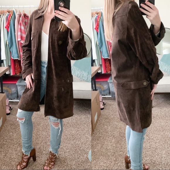 Vintage Jackets & Blazers - 100% Suede Leather Longline Utility Jacket Coat for Fall
